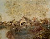Jean Francois Raffaelli Famous Paintings - Feeding the Ducks Along the Canal